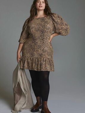 Anthropologie Tan Leopard-Print Ruffle Hem Mini Dress